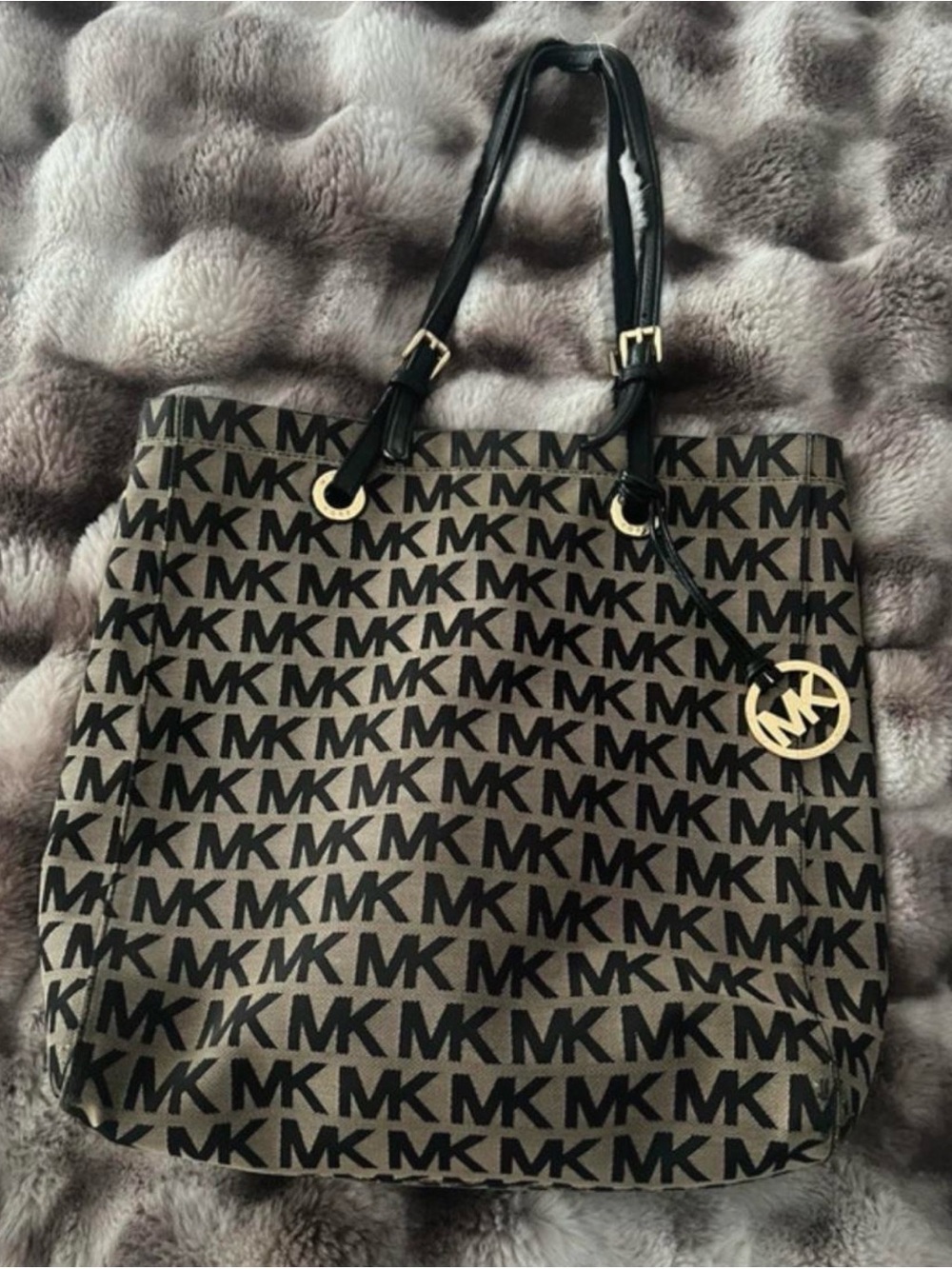 Michael Kors Brown and Black MK Logo Tote with Gold Charm